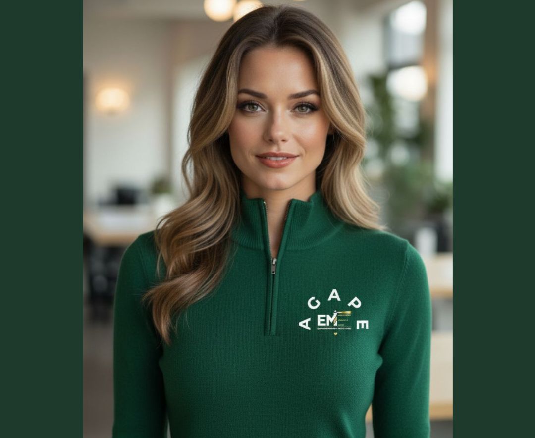 Agape Active quarter-zip — model in forest green quarter-zip