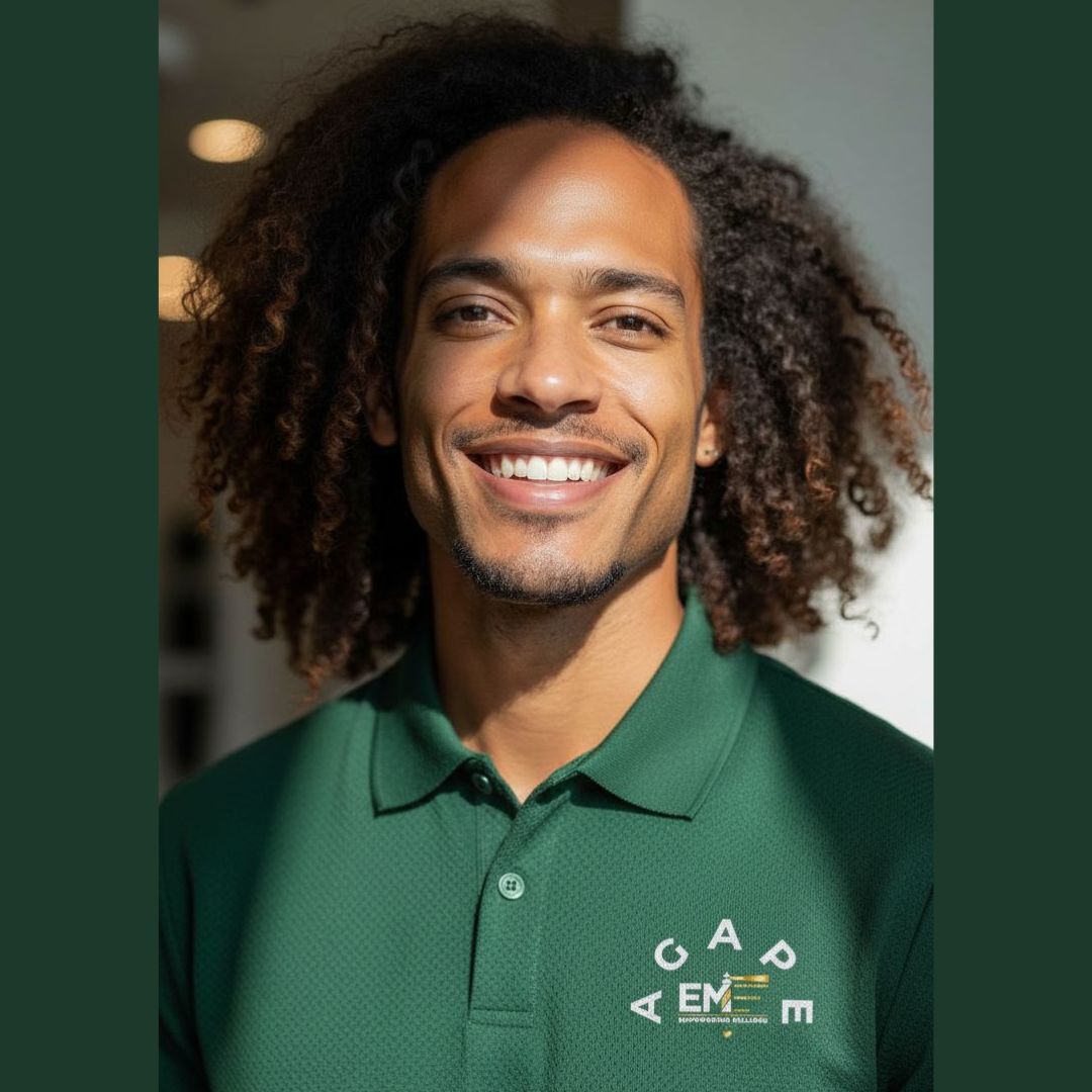 Agape Active polo — model with curly hair in forest green polo