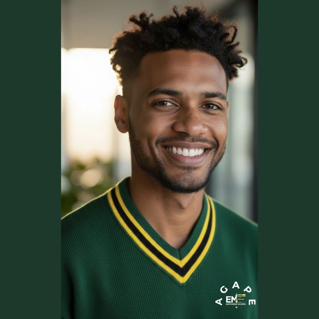 Agape Active V-neck knitted sweater — model in forest green V-neck with yellow trim