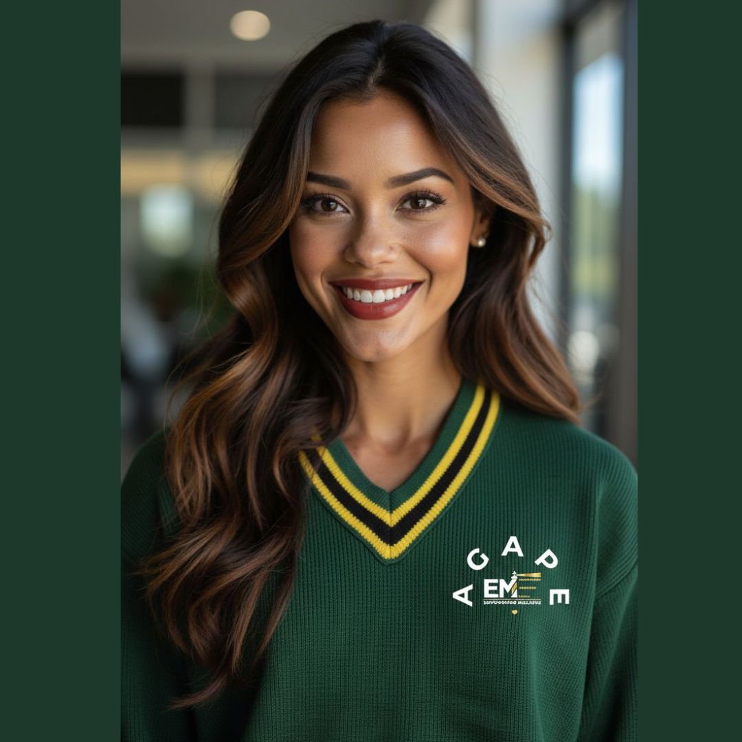 Agape Active V-neck knitted sweater — model in forest green V-neck