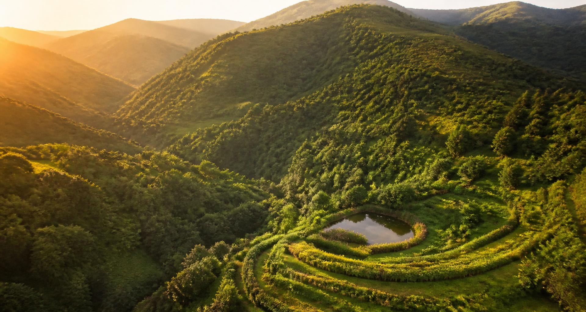 Sunlit mountain valley in Portugal with terraced greenery and a quiet pond